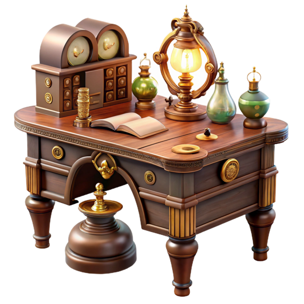 romantic dazzling A sophisticated steampunk writing desk, with intricate clockwork mechanisms and hidden compartments, soft, warm lighting, victorian style crisp png