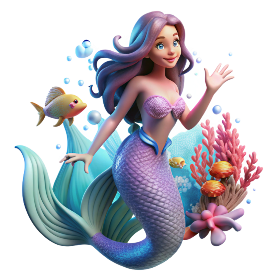 picturesque impressionist A beautiful mermaid with shimmering scales and flowing hair swimming through a coral reef filled with glowing fish, vibrant, underwater lighting, fantasy art style artisan png