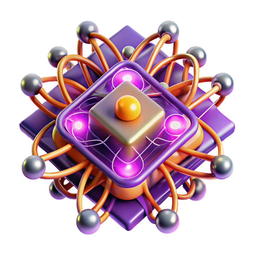 distinctive renaissance A quantum computer, glowing wires and nodes, complex patterns, vibrant purple and orange hues, abstract art style impeccable png