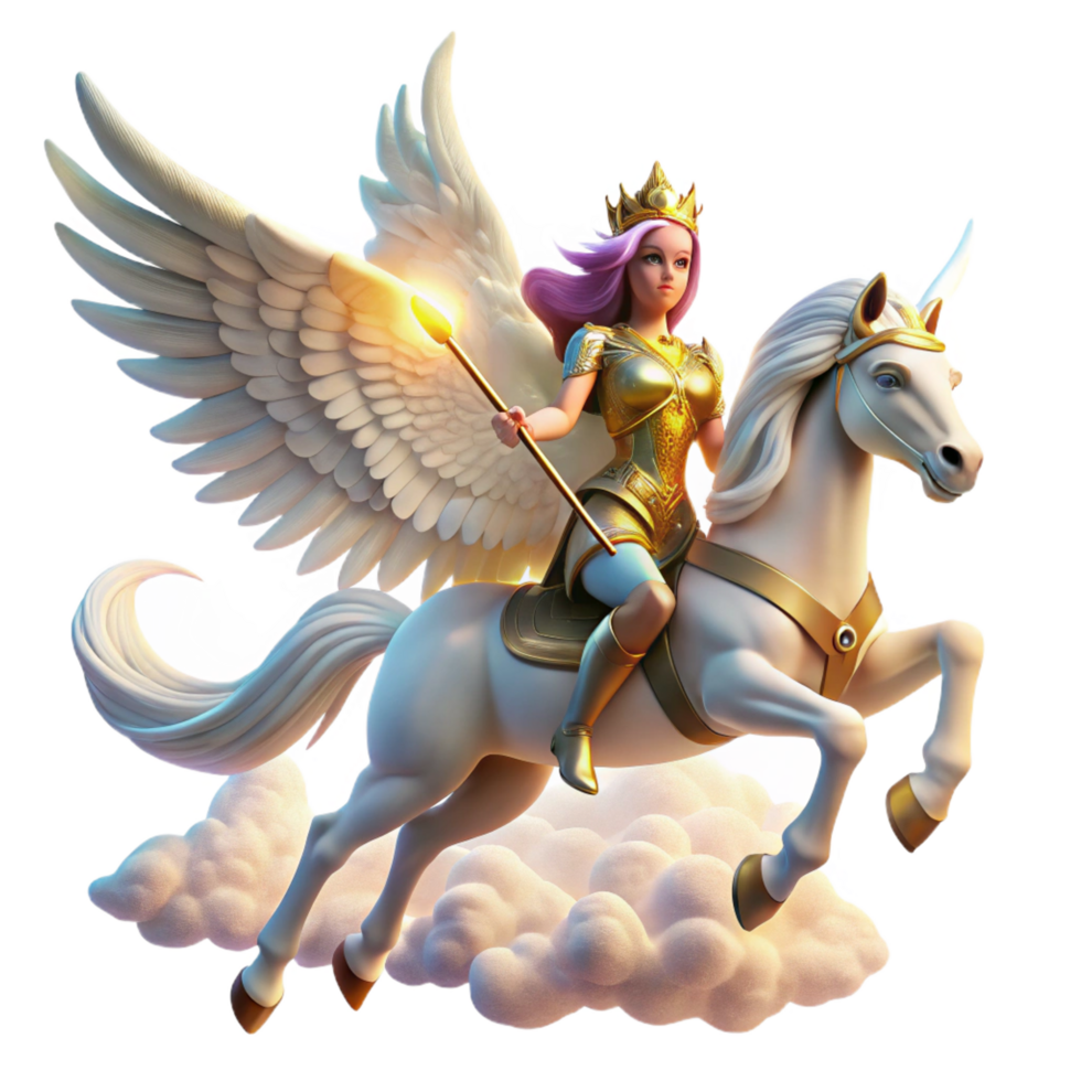 serene mysterious bohemian A graceful Valkyrie riding a winged horse through a cloudy sky, carrying a fallen warrior, illuminated by a celestial glow. Romantic style sharp png
