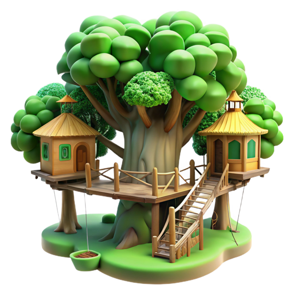 inspired gothic A treehouse village connected by rope bridges, lush green foliage, dappled sunlight, whimsical style, genuine png