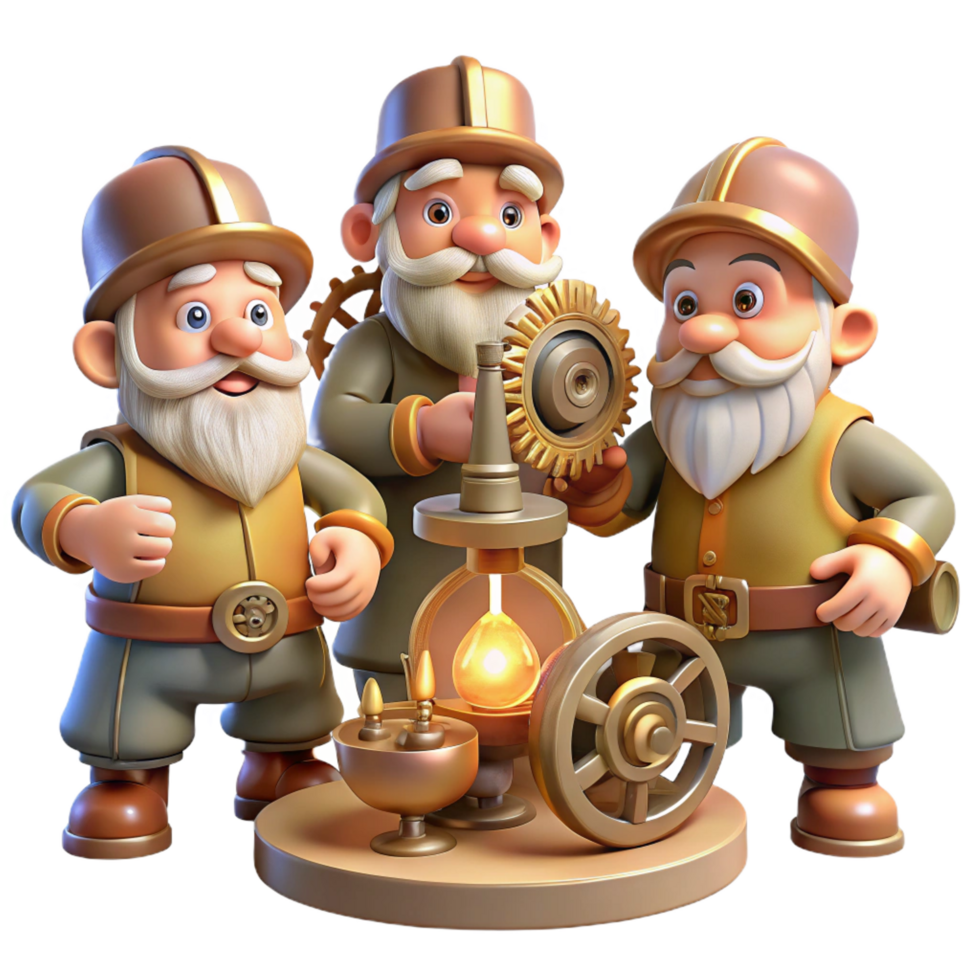 tranquil vibrant A group of gnomes crafting intricate clockwork devices in a dimly lit workshop, warm candlelight, detailed and steampunk style high resolution png