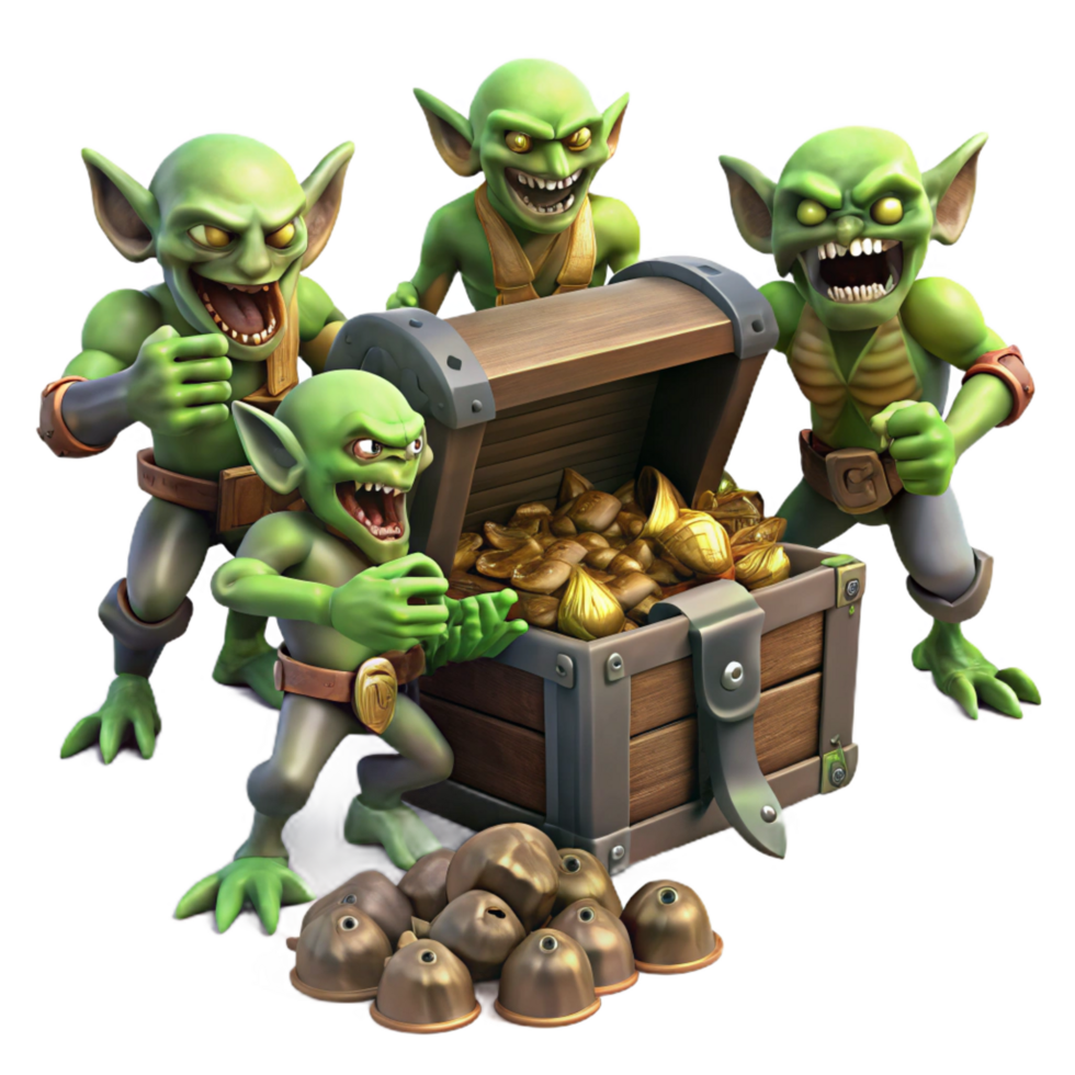 distinctive artistic A menacing goblin horde swarming a treasure chest, dark and gritty, realistic style high resolution png