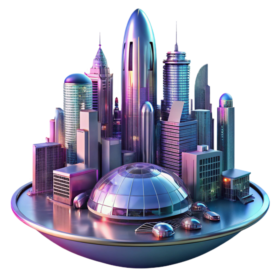 captivating retro A futuristic cityscape, with towering skyscrapers and flying vehicles, is reflected in the polished chrome surface of a giant robot. Neon, vibrant lighting. Cyberpunk style 4K png