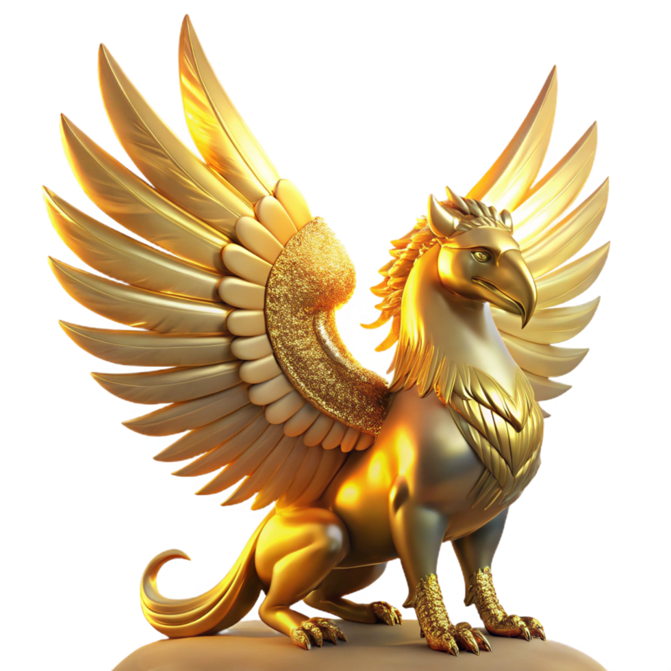 gorgeous gothic A majestic griffin perched atop Mount Olympus, feathers shimmering iridescent gold in the golden hour sunlight, Art Deco style expertly shot png