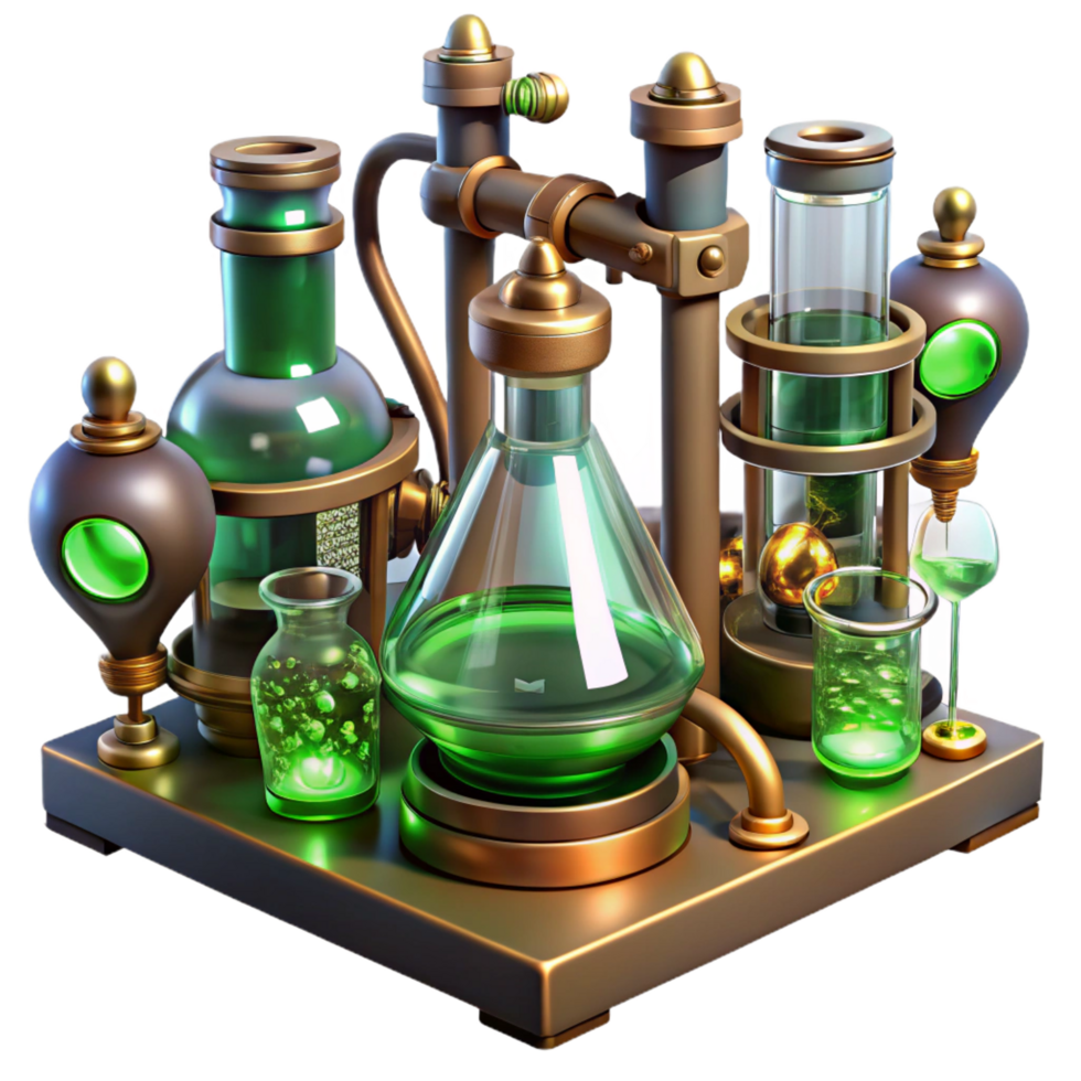 sought after impressionist A steampunk laboratory filled with bubbling beakers, sparking wires, and intricate brass instruments, eerie green lighting, gothic style high quality png