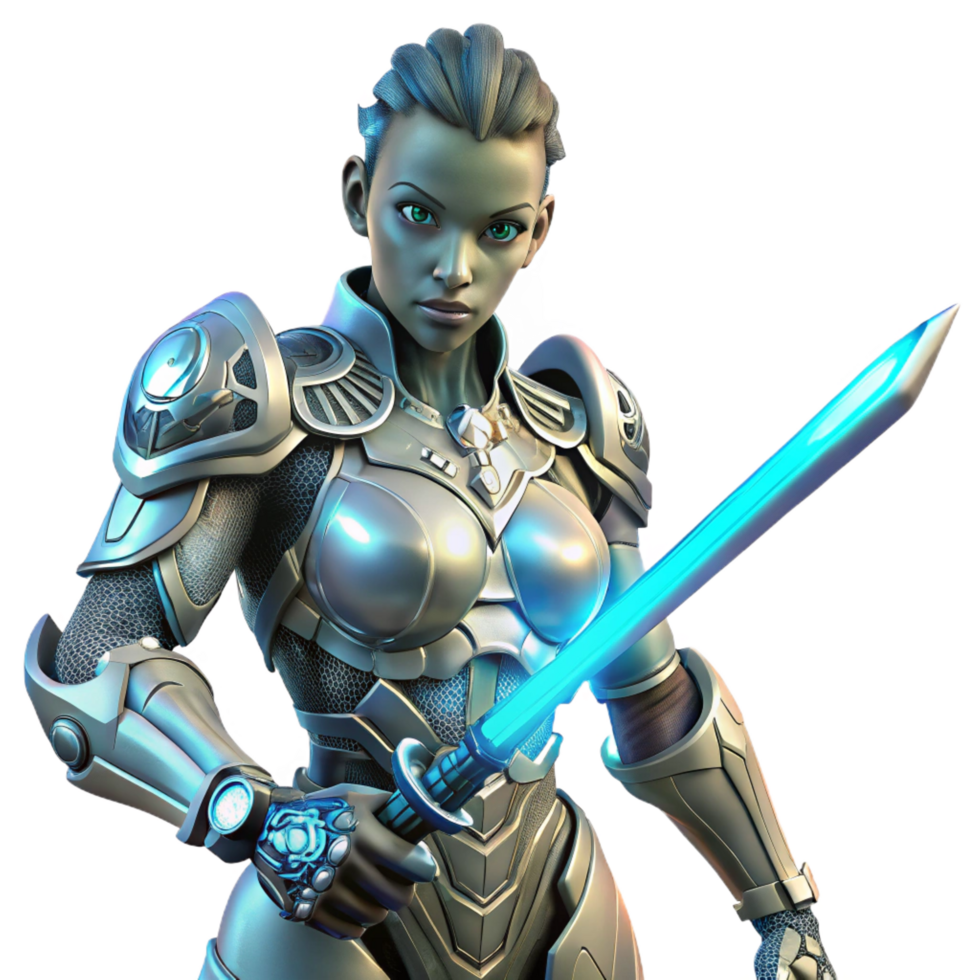 striking quintessential A female cyborg warrior with intricate metallic tattoos, wielding a plasma sword, against a backdrop of a burning cityscape, comic book style, dramatic lighting png