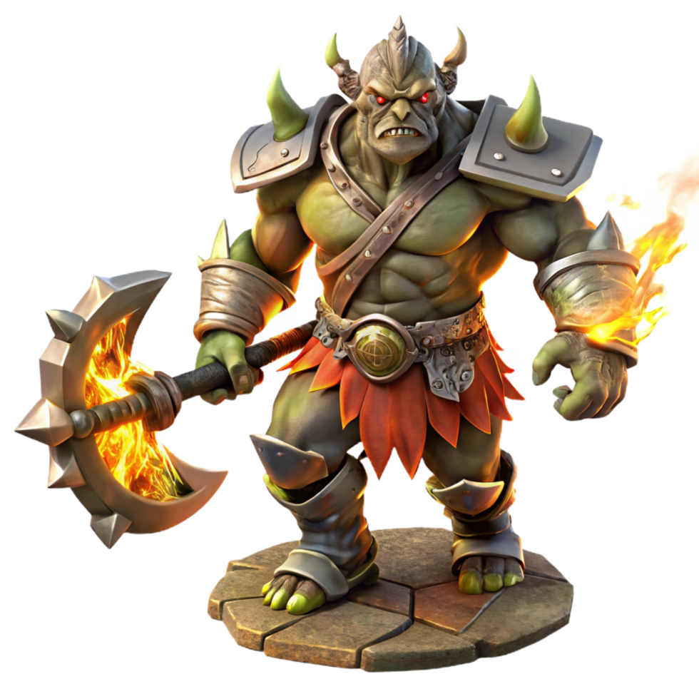 joyful breathtaking A fierce orc chieftain wielding a flaming battleaxe, standing amidst a battlefield strewn with shattered weapons. Dramatic chiaroscuro lighting, gritty realism style museum quality png