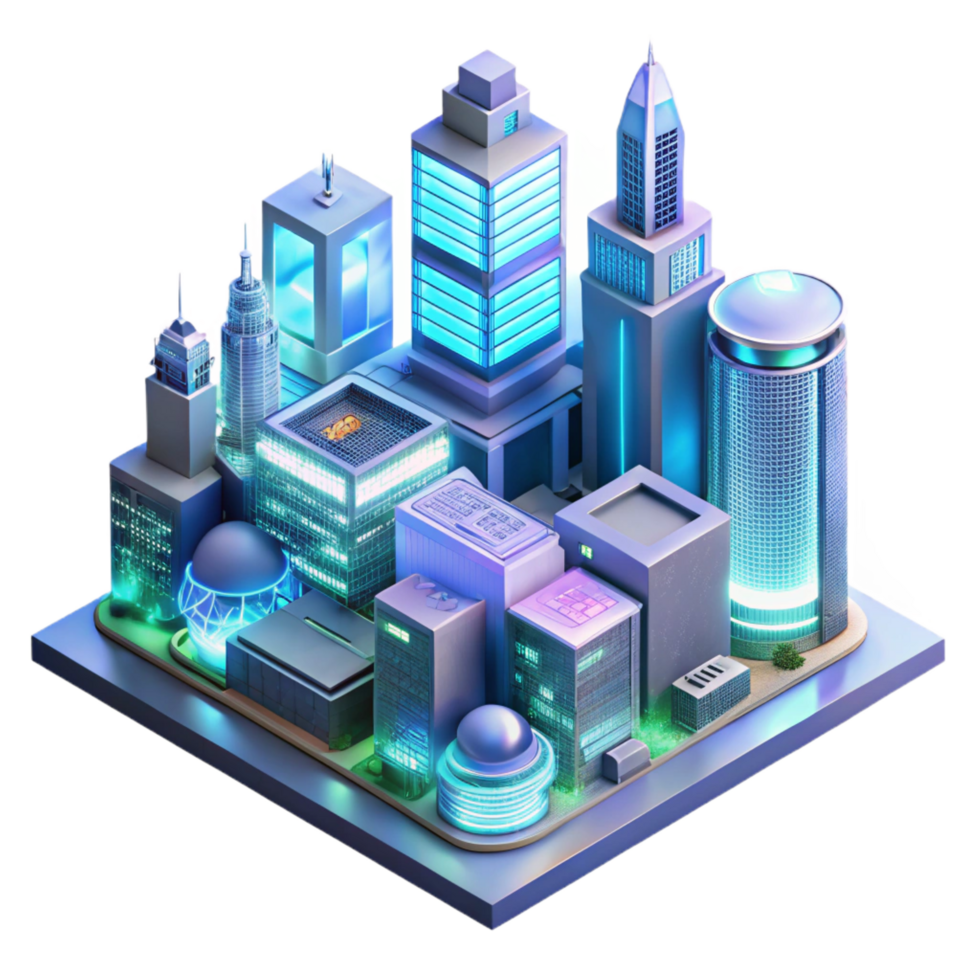 breathtaking distinguished Isometric view of a complex futuristic cityscape, intricate details, bright neon lights, cyberpunk style png