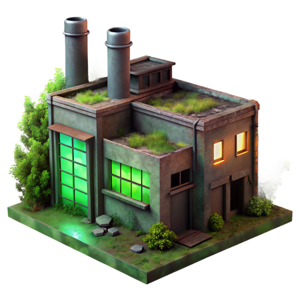 intense dazzling An abandoned factory with broken windows, rusted metal, overgrown with weeds, eerie green light authentic png