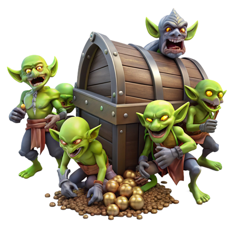 stunning contemporary A menacing goblin horde swarming a treasure chest, dark and gritty, realistic style sharp png