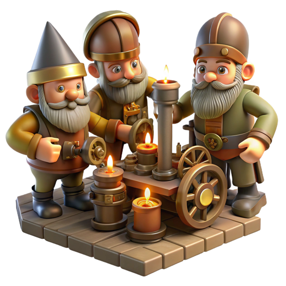 splendid peaceful mid century A group of gnomes crafting intricate clockwork devices in a dimly lit workshop, warm candlelight, detailed and steampunk style premium png