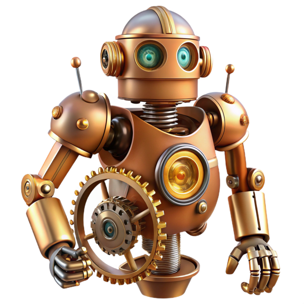 magnificent timeless An intricate, clockwork robot, with gears and springs exposed, meticulously repairs a damaged spaceship in a dimly lit hangar. Steampunk style png