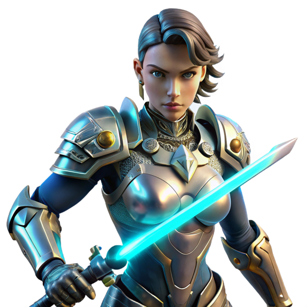 extraordinary notable A female cyborg warrior with intricate metallic tattoos, wielding a plasma sword, against a backdrop of a burning cityscape, comic book style, dramatic lighting png