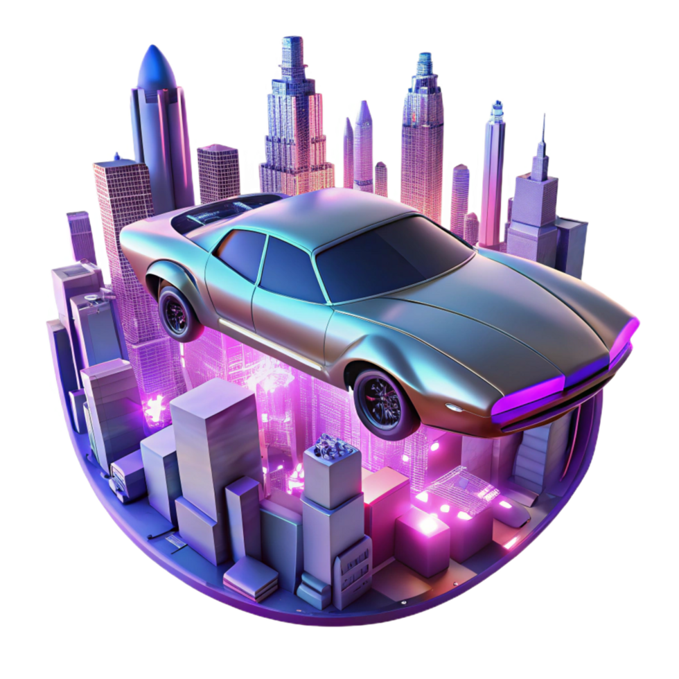 harmonious exquisite A futuristic flying car hovering above a neon lit cityscape, cyberpunk style, ray tracing authentic png