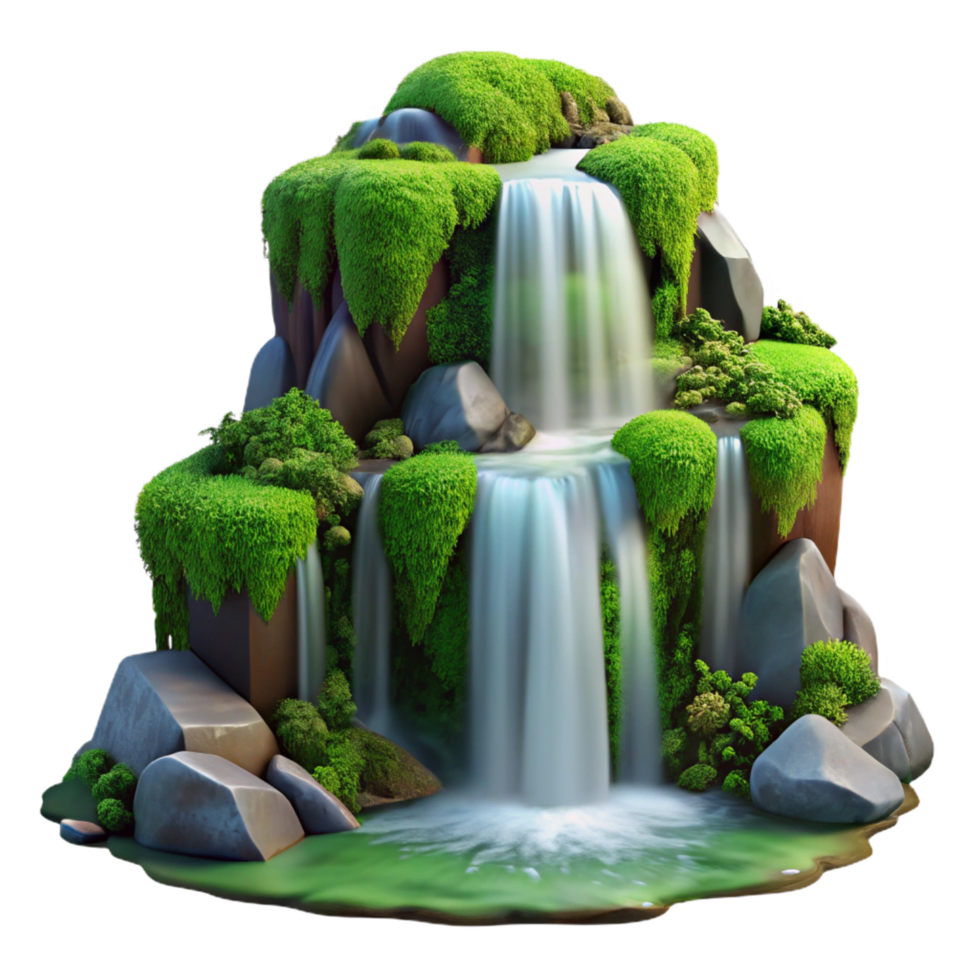 coveted coastal A waterfall cascading down mossy rocks, lush green foliage, tranquil and serene, long exposure photography, genuine png