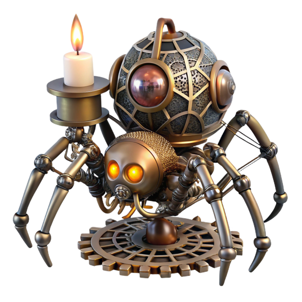 dramatic geometric A steampunk automaton shaped like a mechanical spider, crawling across a web of intricate gears, illuminated by a flickering candle. Spooky lighting, gothic style 8K png