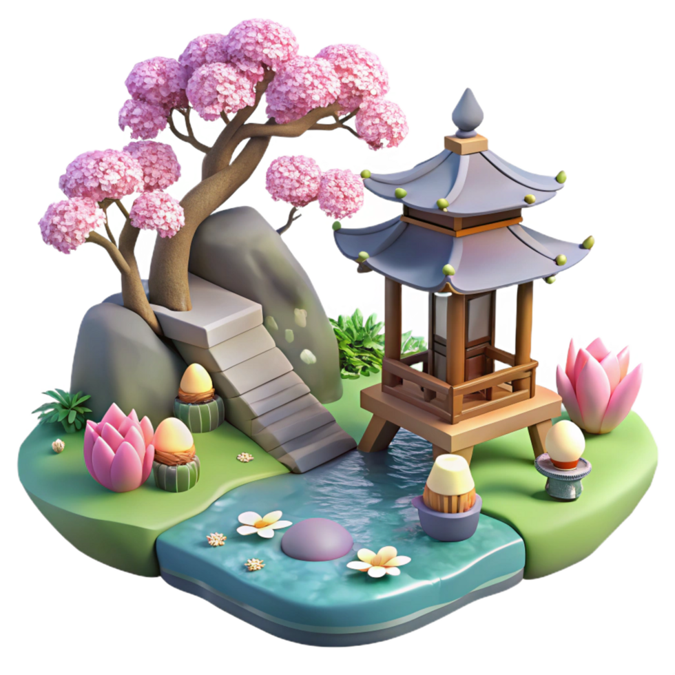 quintessential nordic A traditional Japanese garden with a koi pond, stone lanterns, cherry blossoms, serene atmosphere, peaceful, masterfully captured png