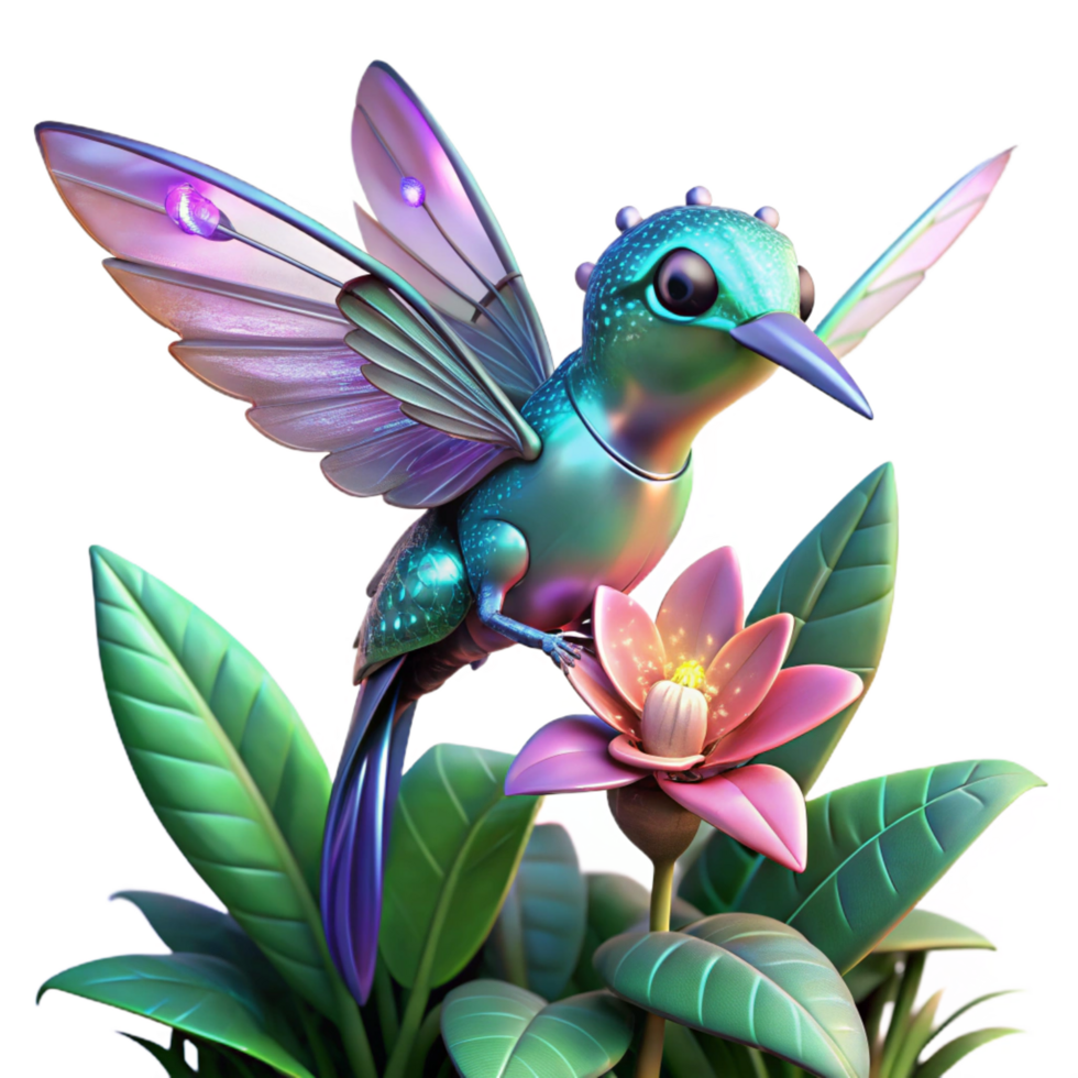elegant mid century A robotic hummingbird, with delicate, iridescent wings, hovers over a bioluminescent flower in a lush, alien jungle. Soft, diffuse lighting. Fantasy art style expertly shot png