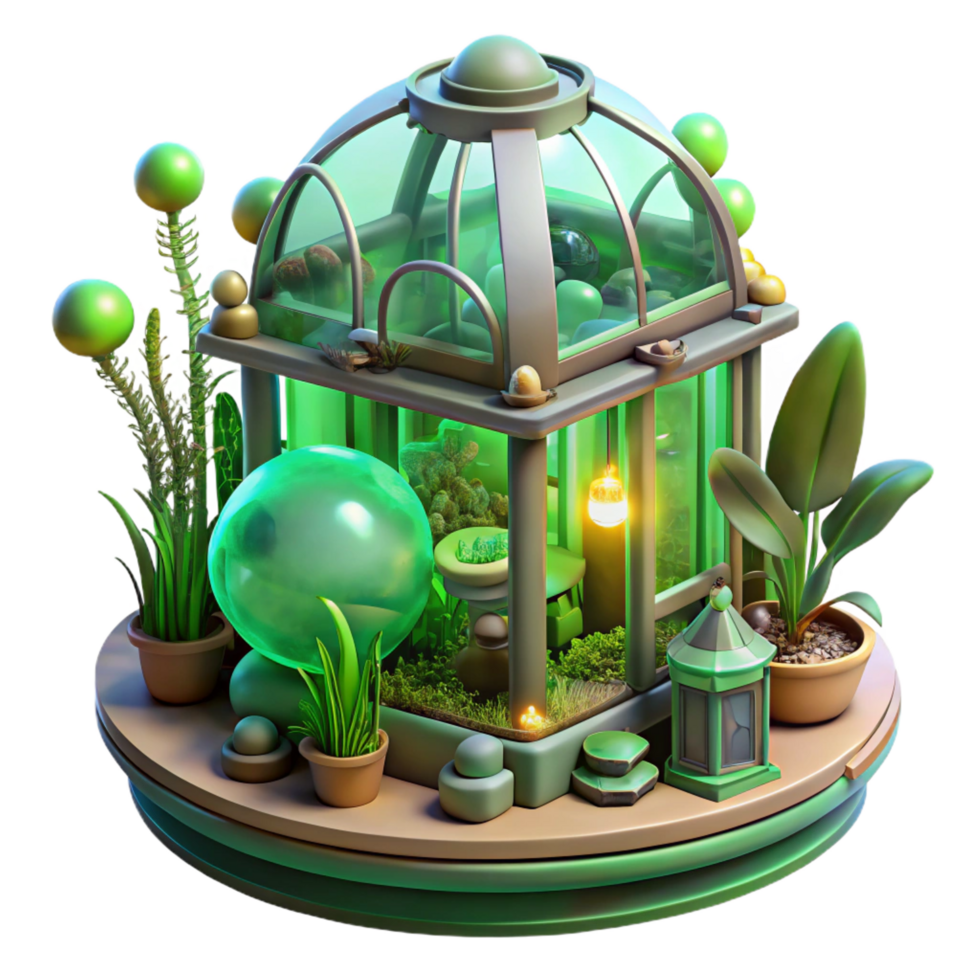 intense serene A steampunk greenhouse, filled with exotic mechanical plants and glowing fungi, bathed in soft green light. Whimsical, fantasy style elite png