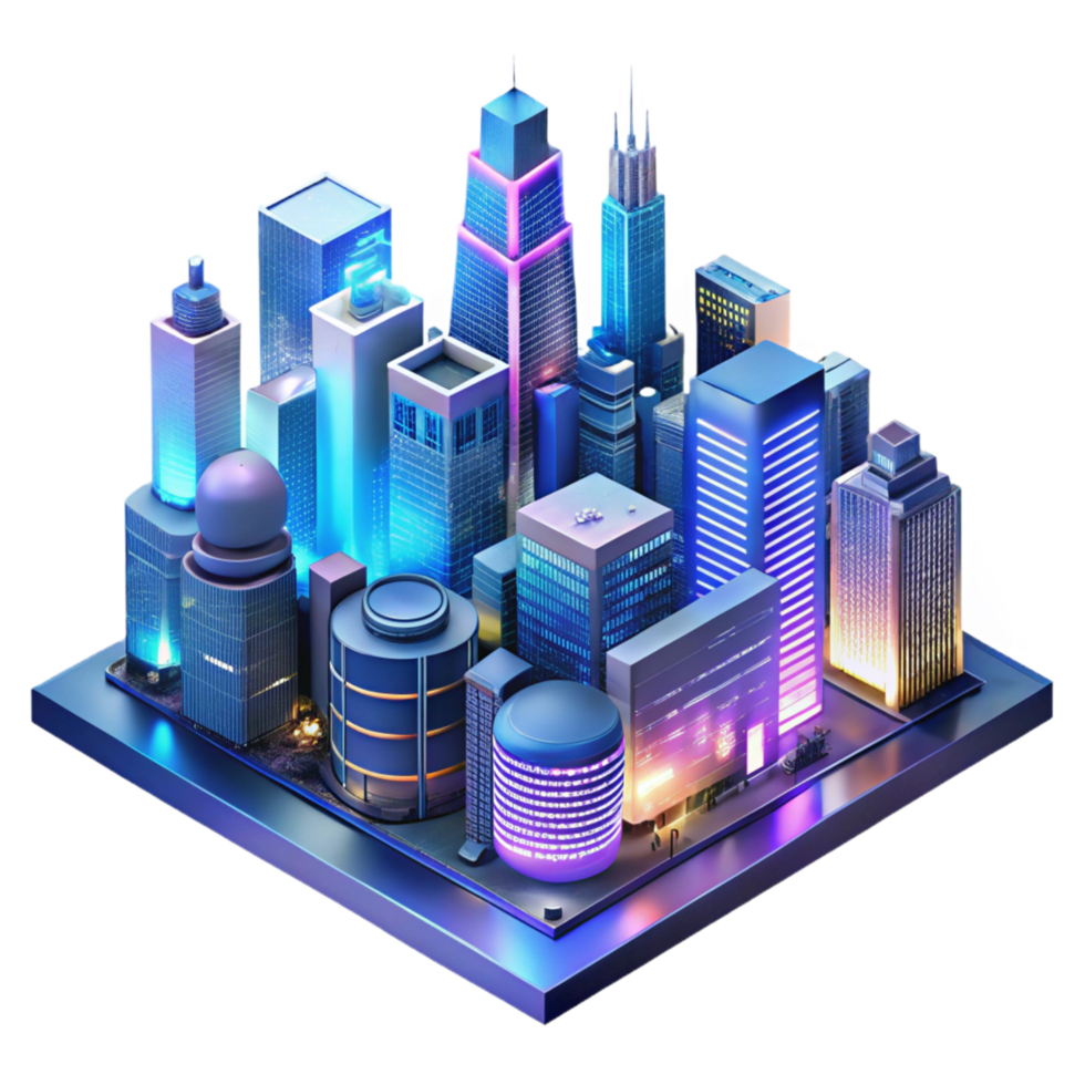 spectacular exceptional A futuristic cityscape at night, skyscrapers adorned with holographic advertisements, neon lights reflecting in rain slicked streets, cinematic style png