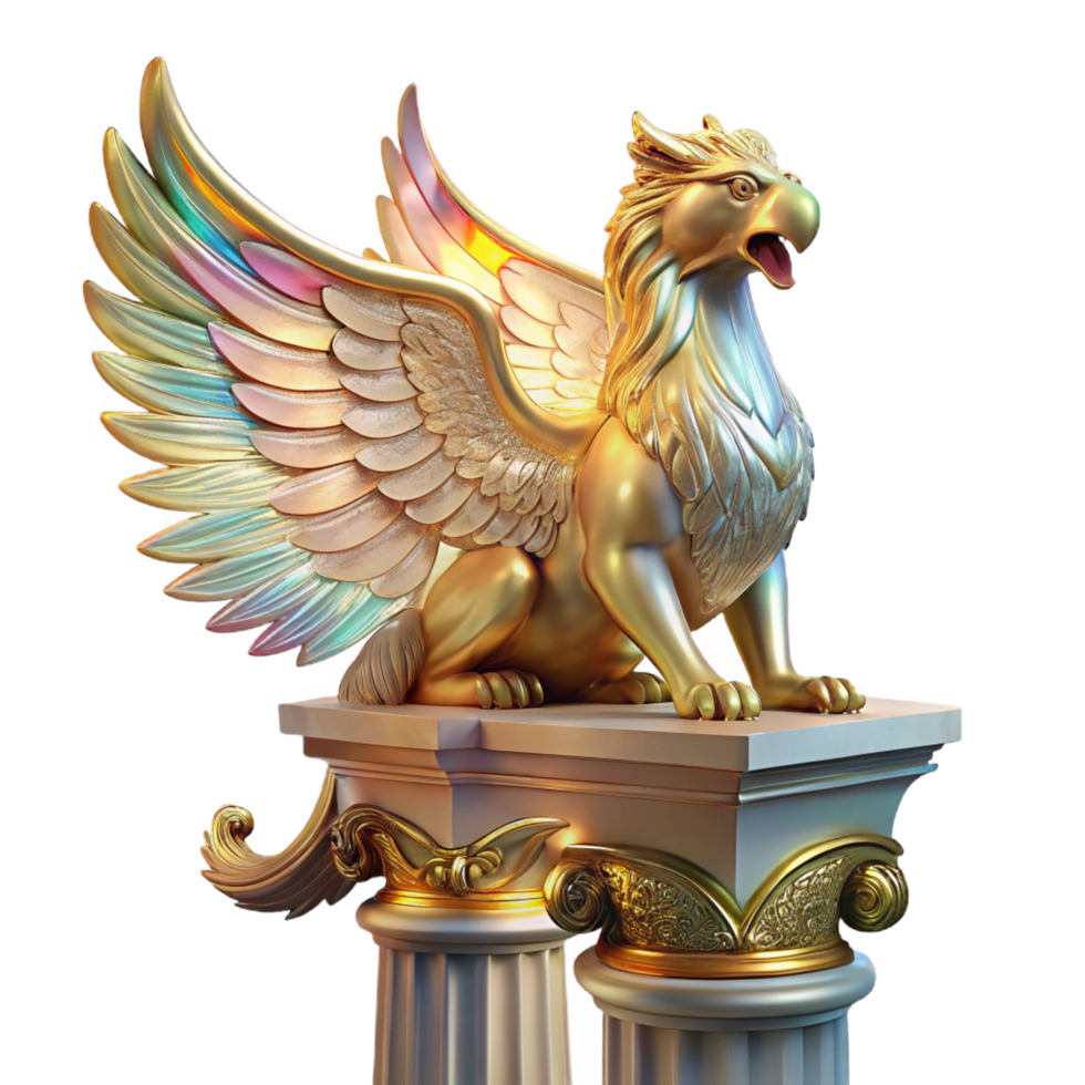 vibrant distinctive A majestic griffin with iridescent feathers, perched atop a crumbling marble pillar, bathed in ethereal golden light. Intricate details on feathers and pillar. Art Nouveau style png