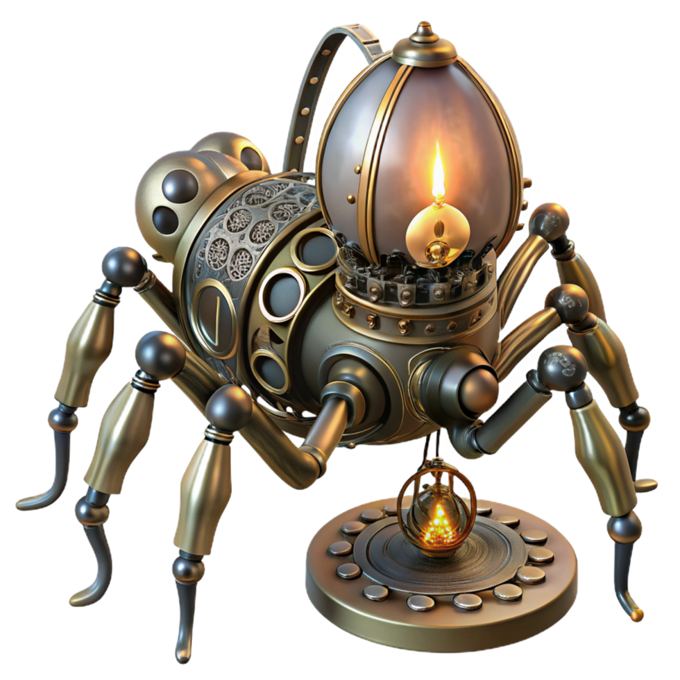 coveted geometric A steampunk automaton shaped like a mechanical spider, crawling across a web of intricate gears, illuminated by a flickering candle. Spooky lighting, gothic style luxury png