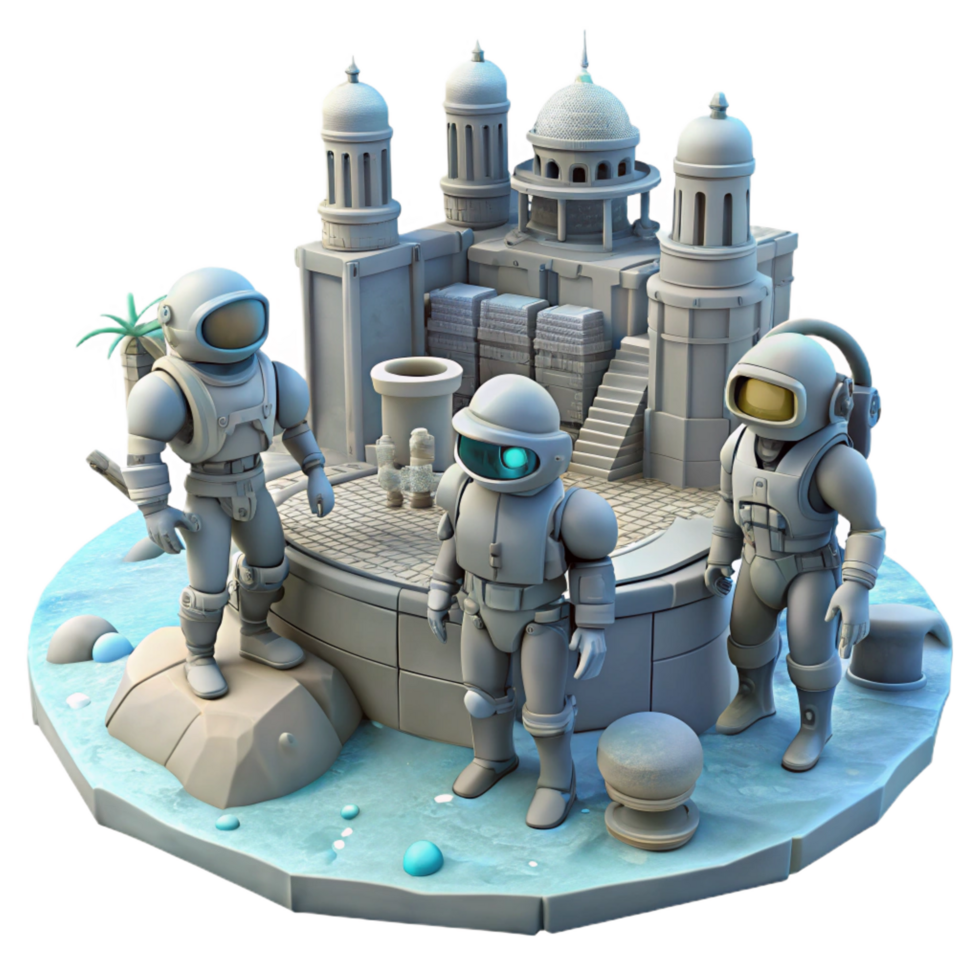 notable minimalist A group of explorers in futuristic diving suits explores the ruins of an ancient, underwater city. Steampunk style, muted lighting 4K png