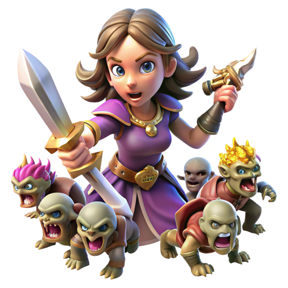 melancholic exquisite A courageous warrior princess wielding a magical sword, standing defiant against a horde of goblins. Dynamic, action packed composition, comic book style sharp png