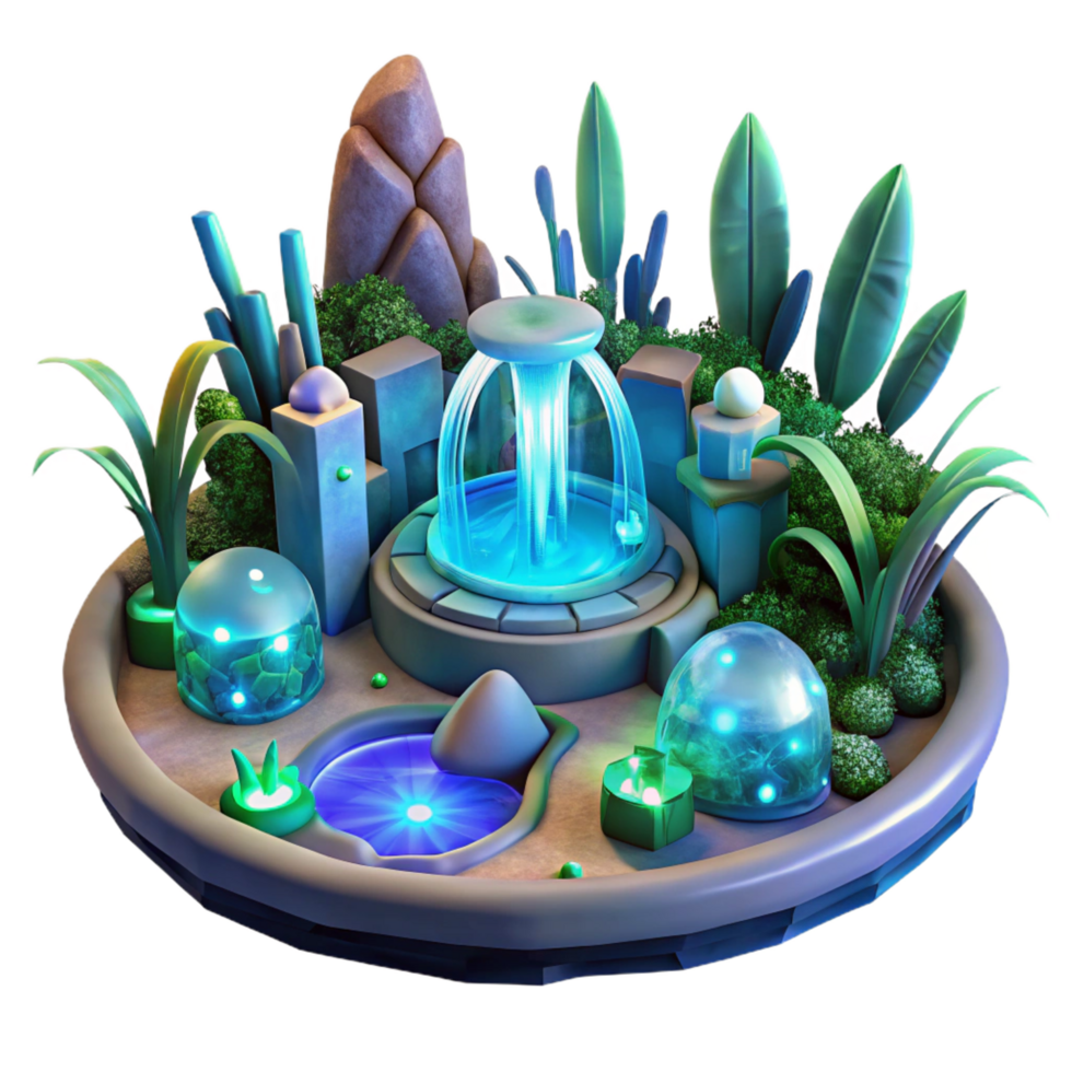impressive retro A futuristic garden filled with bioluminescent plants and glowing water features. Magical, ethereal lighting. Biopunk fantasy style high quality png