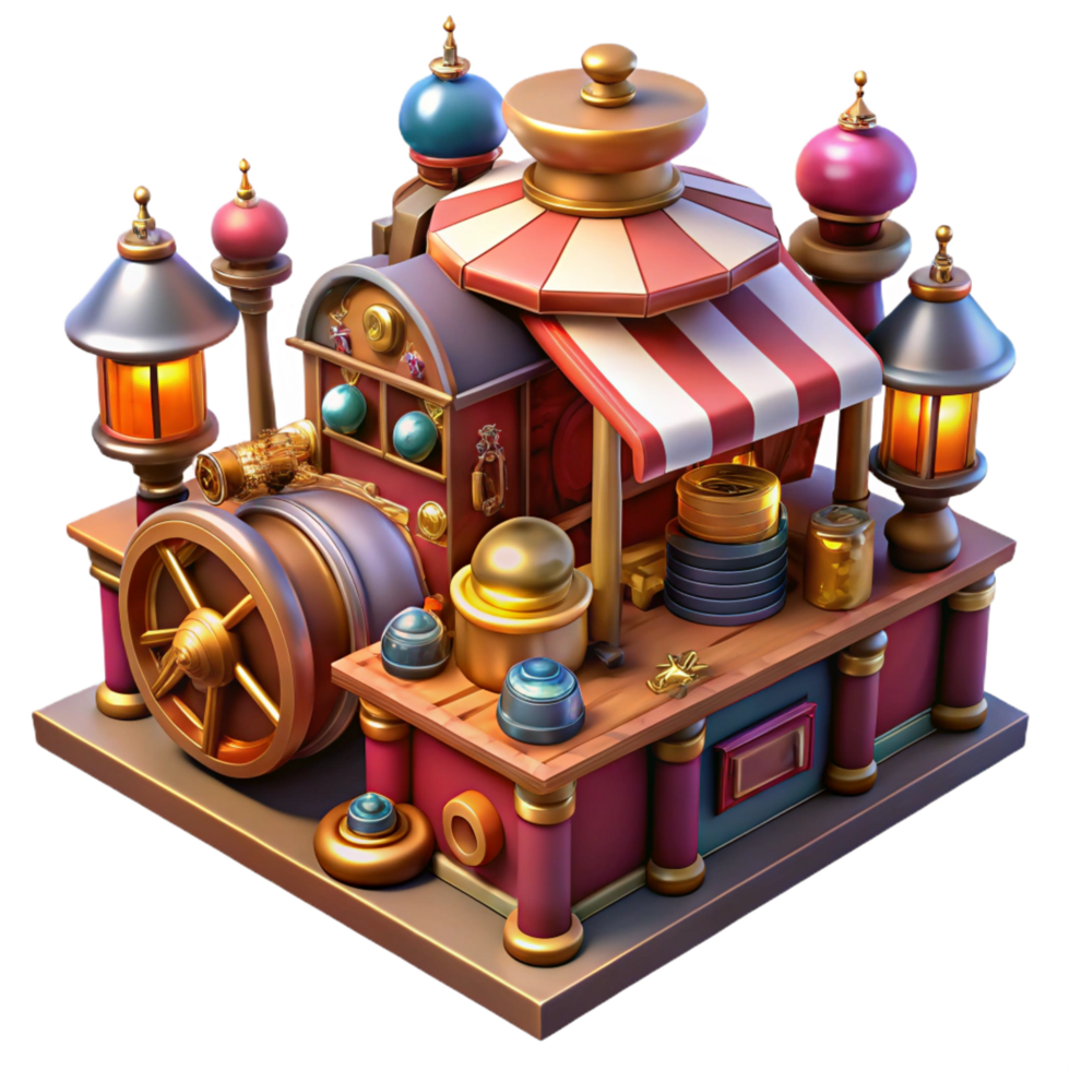 exceptional minimalist A bustling steampunk marketplace, filled with vendors selling bizarre gadgets and contraptions, warm, inviting lighting, vibrant colors, illustrative style detailed png