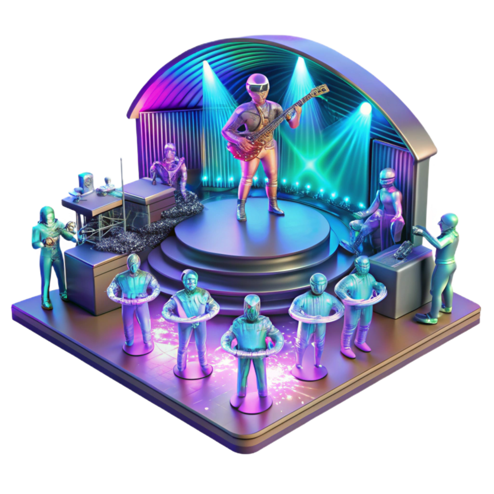 magnificent reflective elegant A futuristic concert, holographic musicians performing for a massive crowd. Energetic, vibrant lighting. Cyberpunk music scene style original png