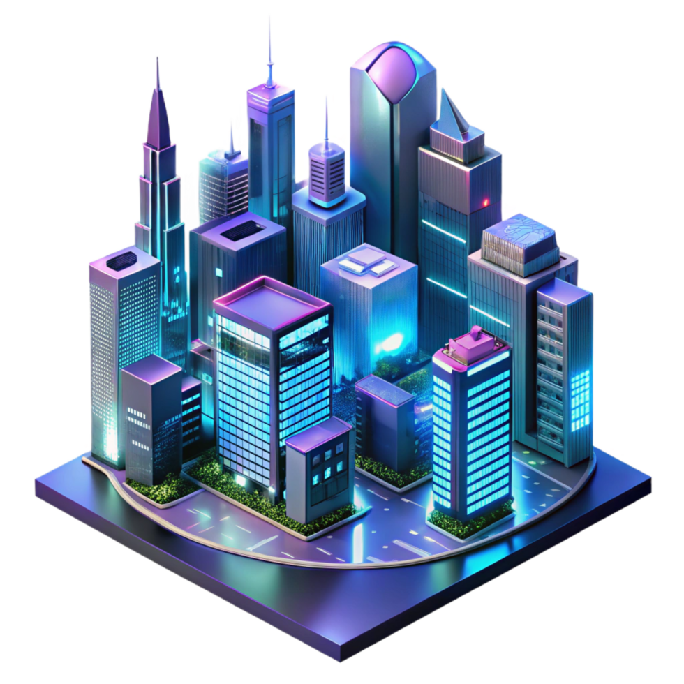 fascinating surreal A futuristic cityscape at night, skyscrapers adorned with holographic advertisements, neon lights reflecting in rain slicked streets, cinematic style studio quality png