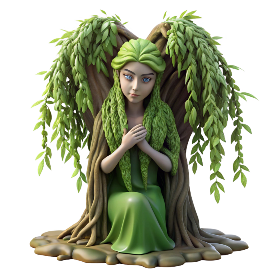peaceful fascinating A serene dryad emerging from the trunk of an ancient willow tree, draped in moss and vines. Soft, dappled sunlight, pre Raphaelite style ultra HD png