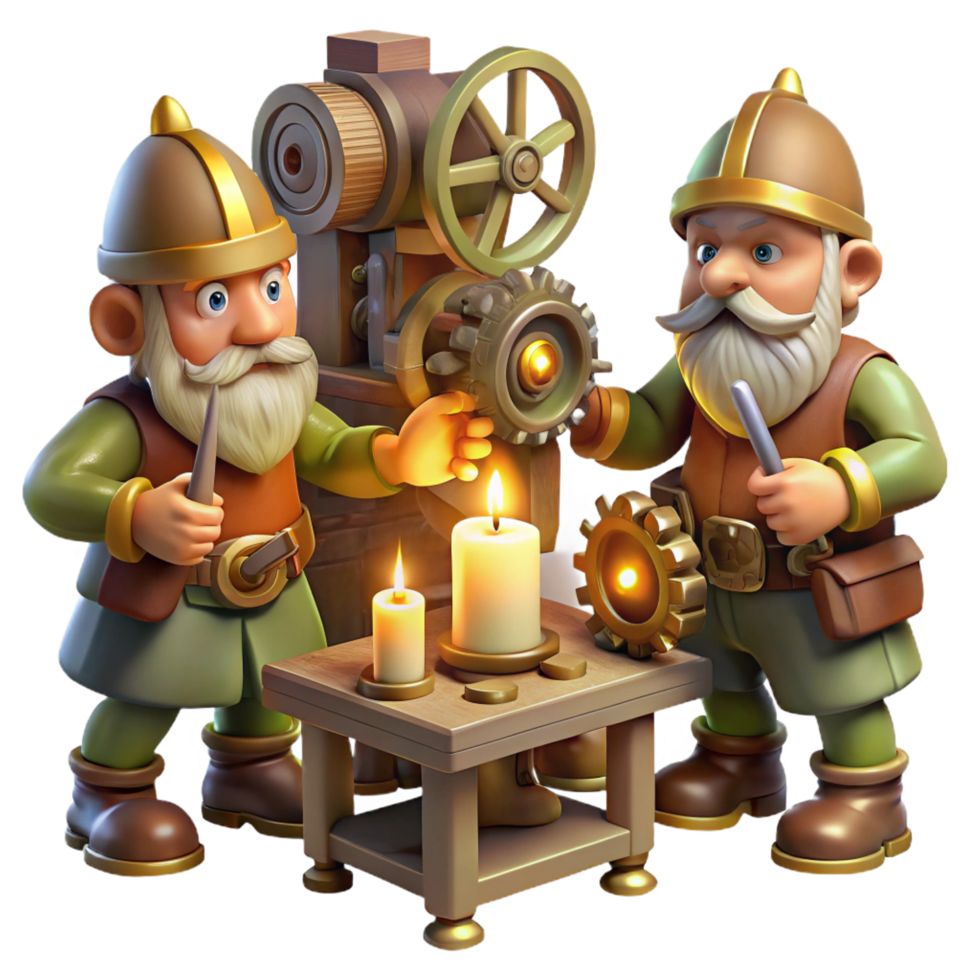 glorious timeless A group of gnomes crafting intricate clockwork devices in a dimly lit workshop, warm candlelight, detailed and steampunk style png