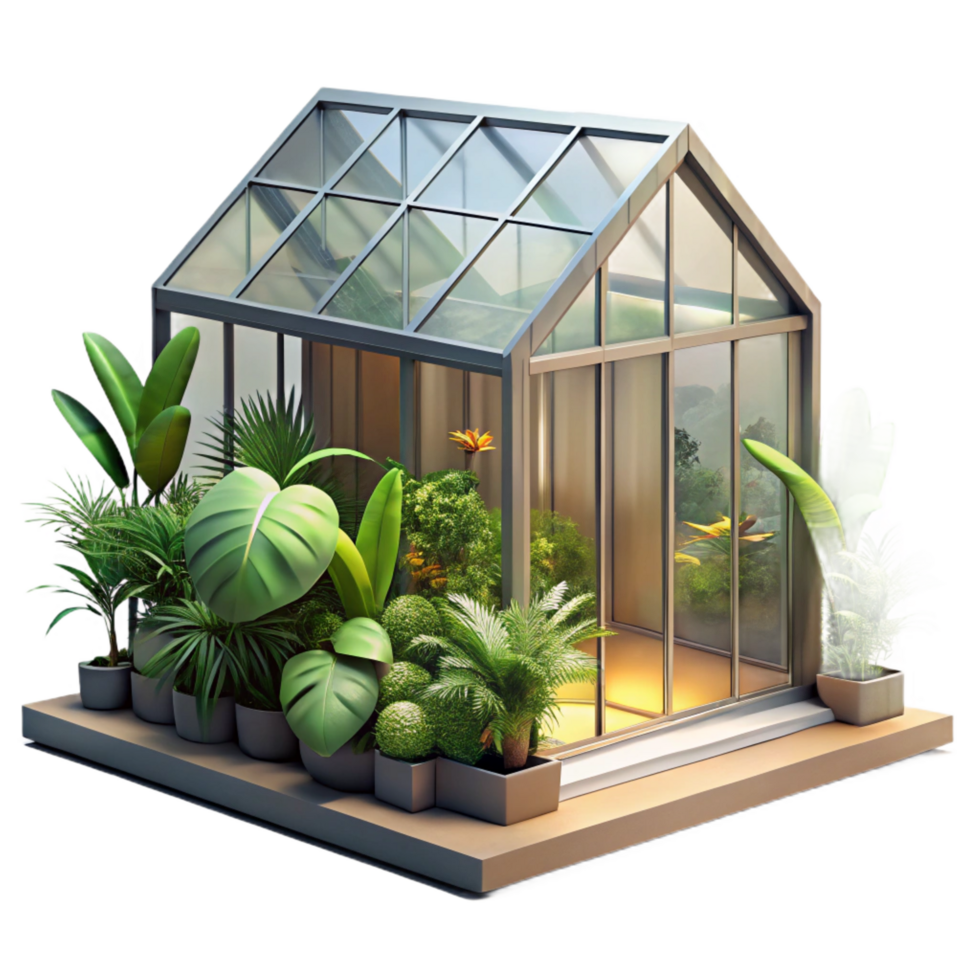 beautiful contemporary A glass and steel greenhouse, lush tropical plants, bright sunlight, modern aesthetic, premium png