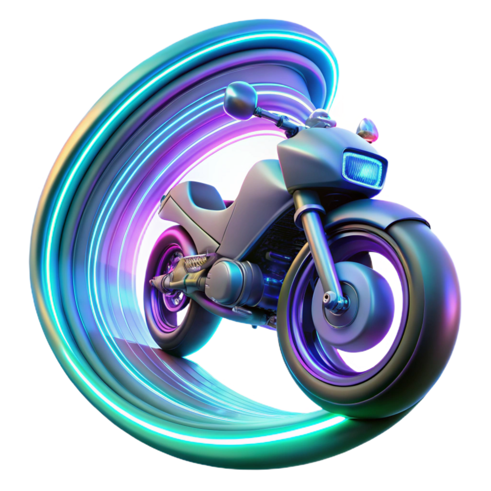 extraordinary modern A futuristic motorcycle, with glowing neon accents, speeds through a holographic tunnel, leaving a trail of light in its wake. Dynamic, motion blur. Cyberpunk style refined png