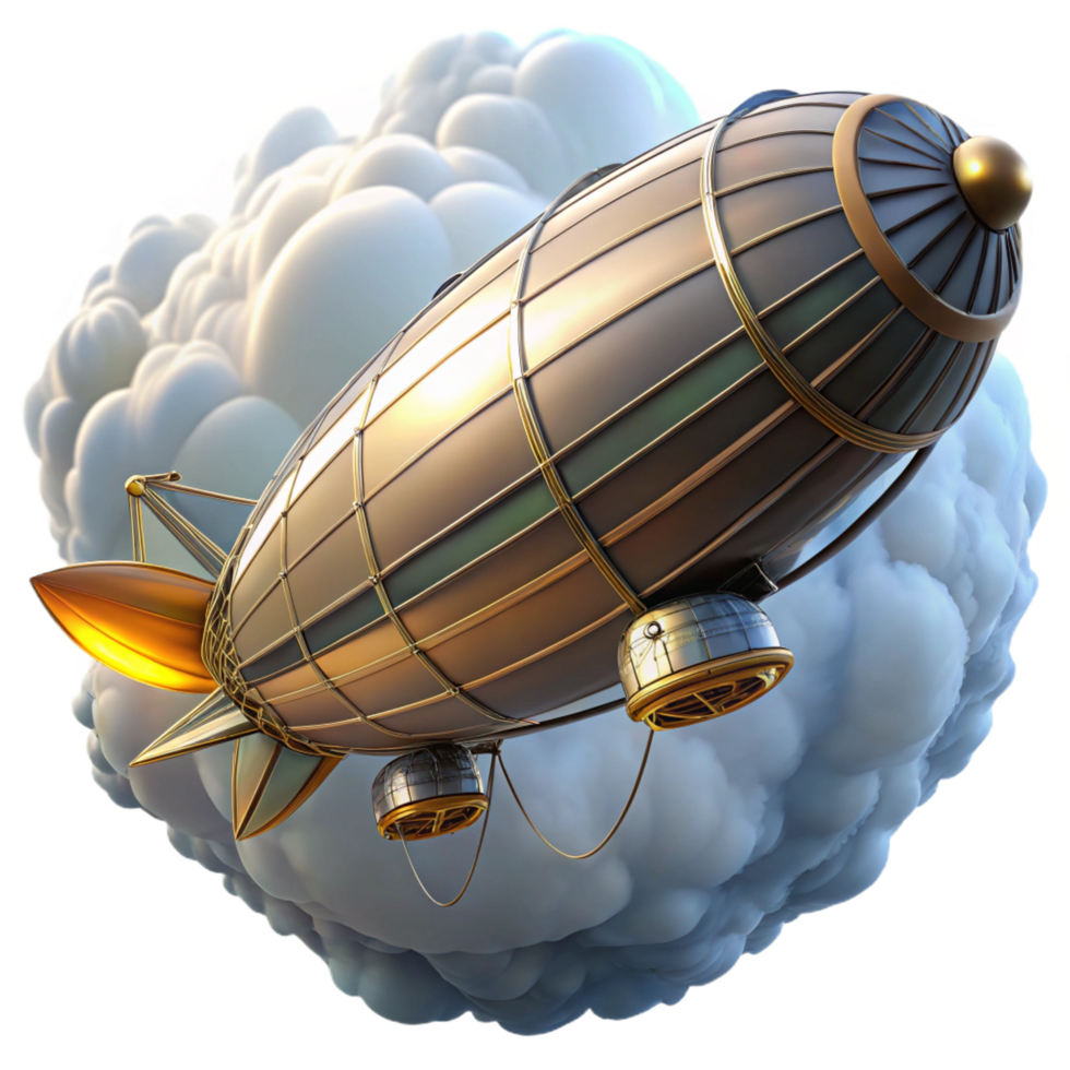 striking timeless A majestic airship sailing through a cloudy sky, bright sunlight and cloud reflections, in a steampunk illustration style png