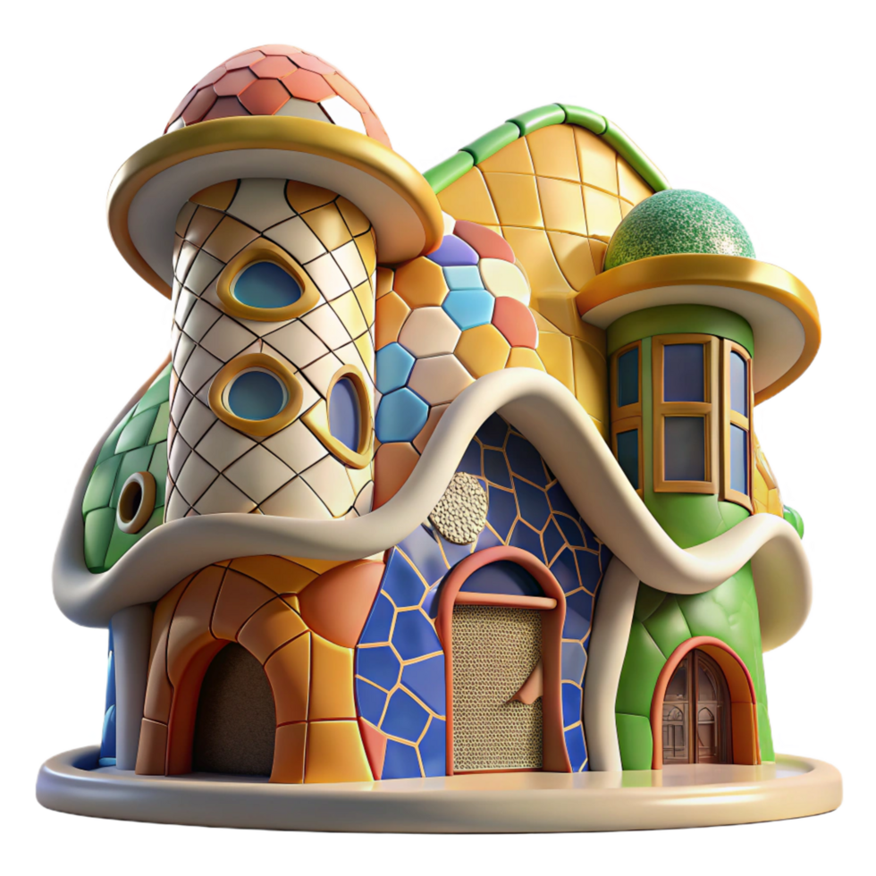 serene distinctive A Gaudi inspired house with colorful mosaic tiles, organic curves, whimsical and dreamlike, bright midday sun png