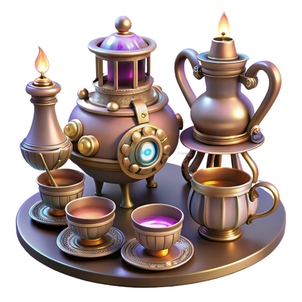 hypnotic remarkable A whimsical steampunk tea party, with robotic servants pouring tea into delicate porcelain cups, illuminated by soft candlelight and the glow of miniature Tesla coils png