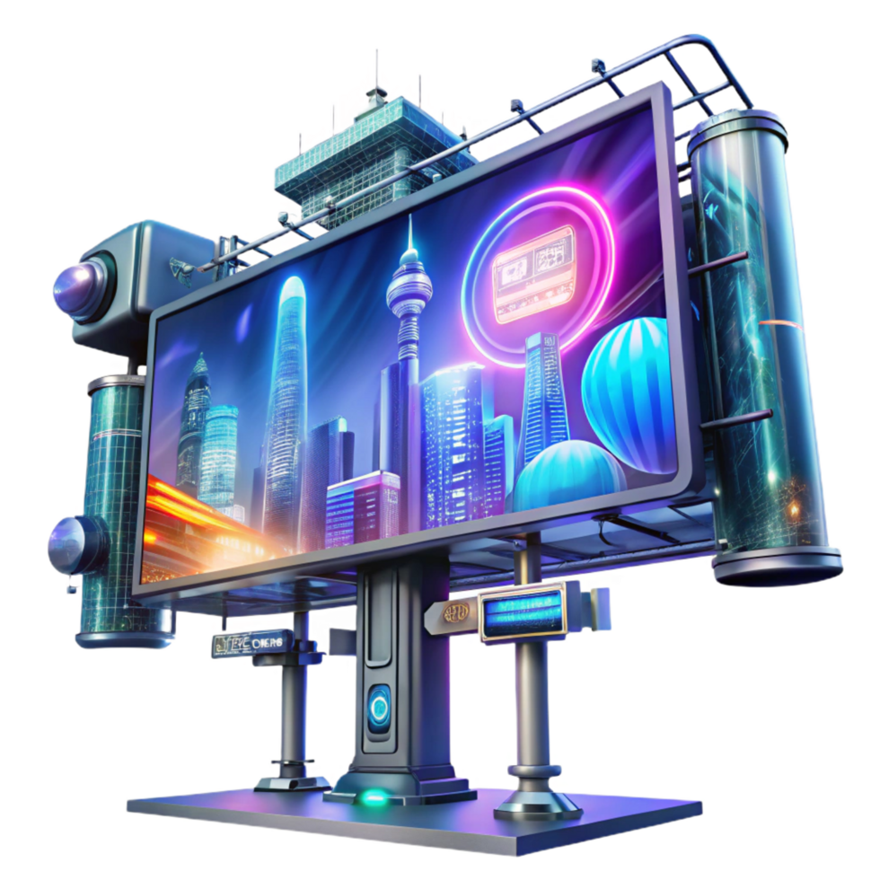 serene tranquil rustic A futuristic holographic billboard displaying an advertisement, bustling city street backdrop, neon lights, cyberpunk style, studio quality png