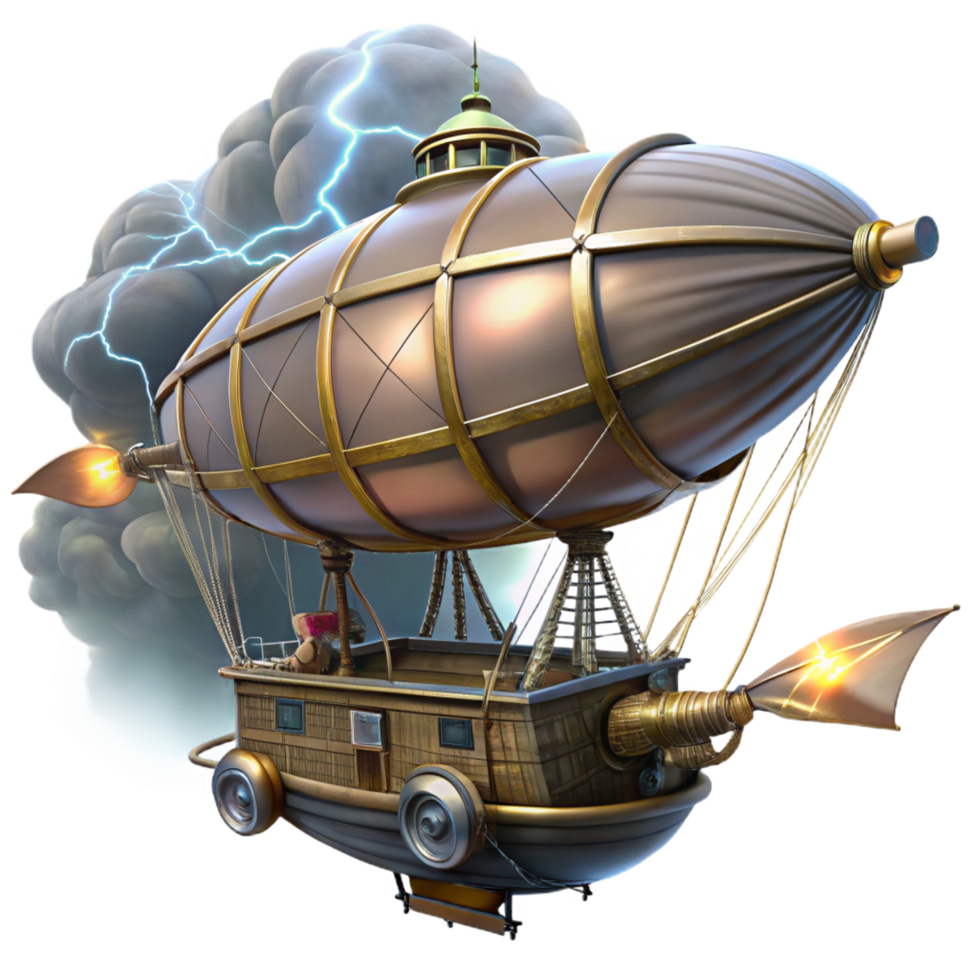 stunning melancholic abstract A steampunk airship, with intricate rigging and billowing sails, soaring through a stormy sky. Dramatic, lightning illuminated lighting. Romantic style original png