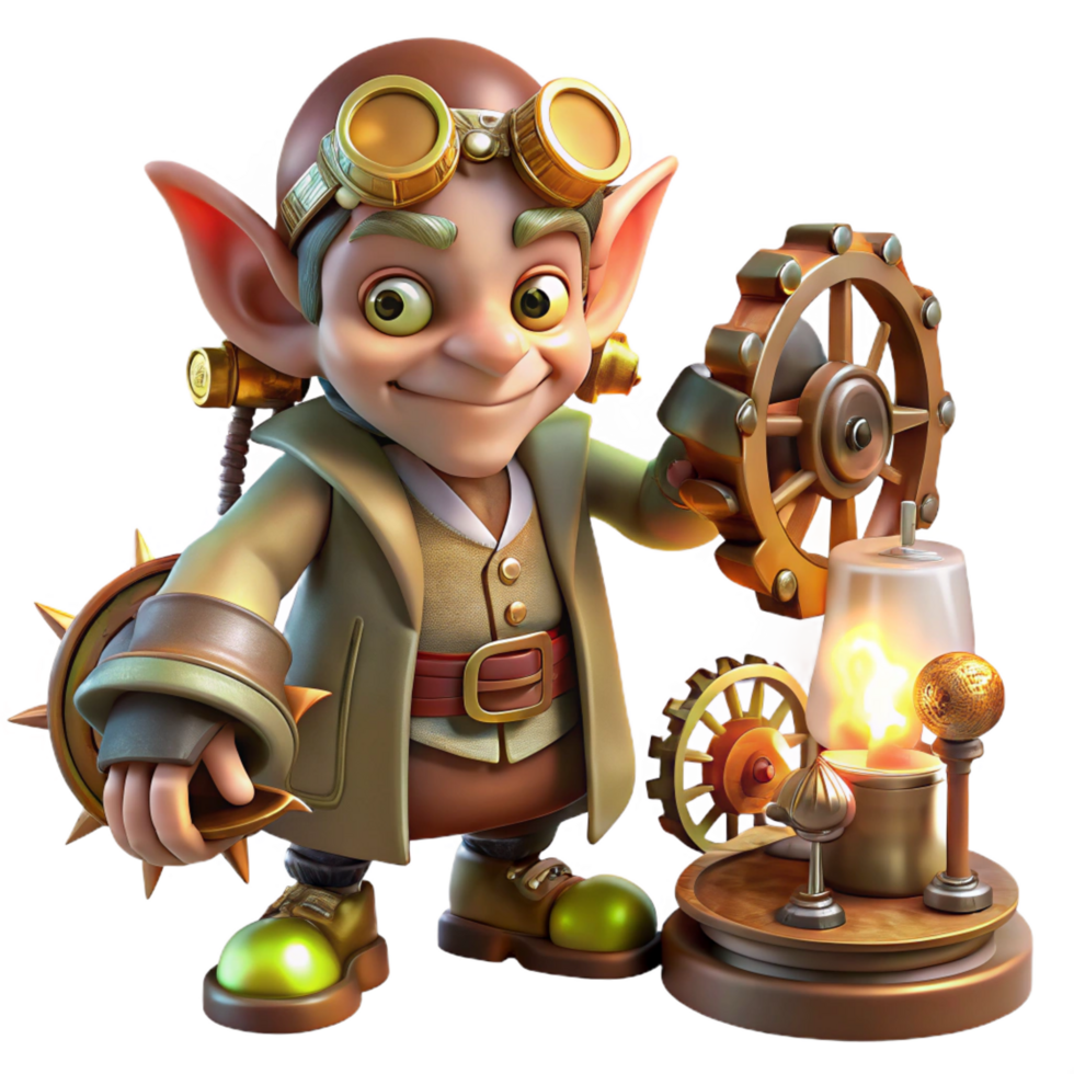 elegant reflective tropical A mischievous goblin tinkering with a complex clockwork contraption, surrounded by gears and springs. Warm, flickering candlelight, steampunk style masterfully captured png