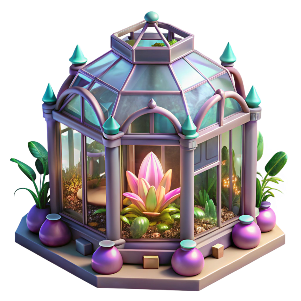 hypnotic signature A steampunk greenhouse filled with exotic mechanical plants and glowing crystals, soft, ethereal lighting, fantasy art style png