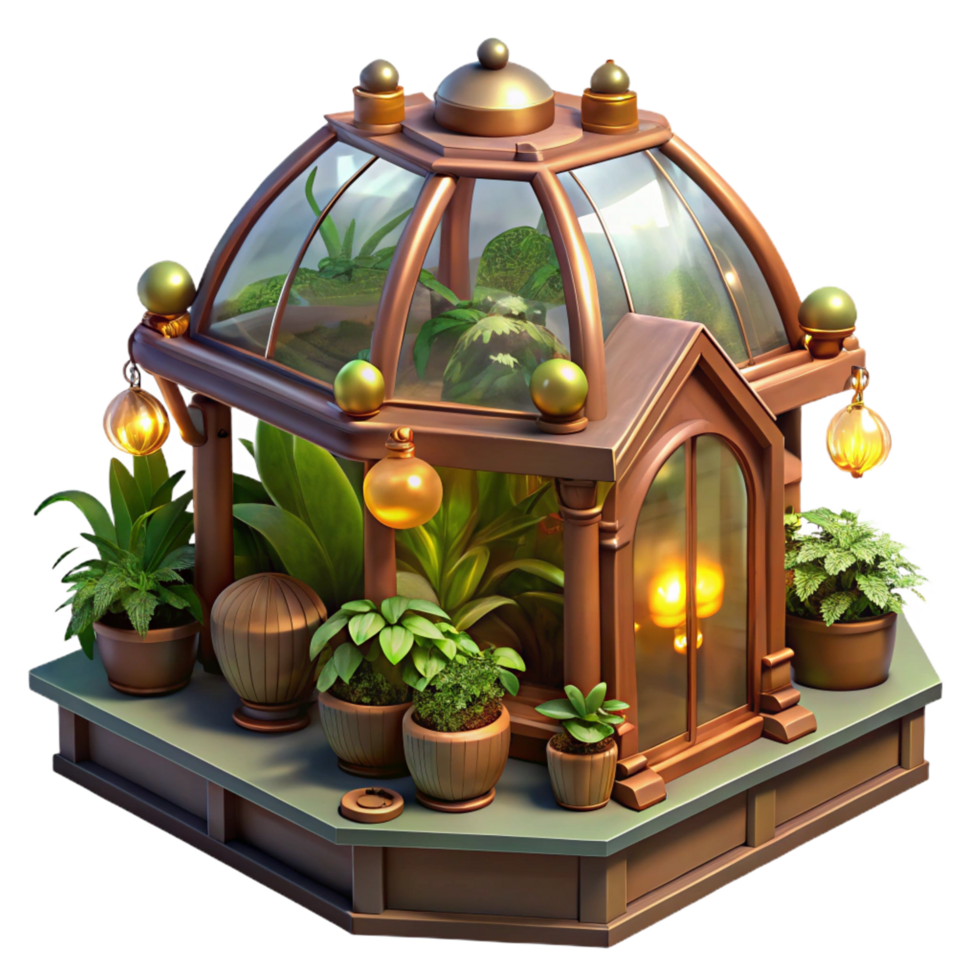 bold stunning A steampunk greenhouse, filled with exotic mechanical plants and glowing orbs, warm, inviting lighting, fantasy art style professional png