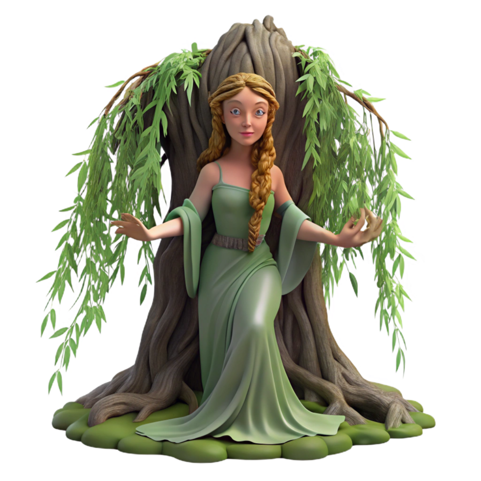 stunning notable A serene dryad emerging from the trunk of an ancient willow tree, draped in moss and vines. Soft, dappled sunlight, pre Raphaelite style png