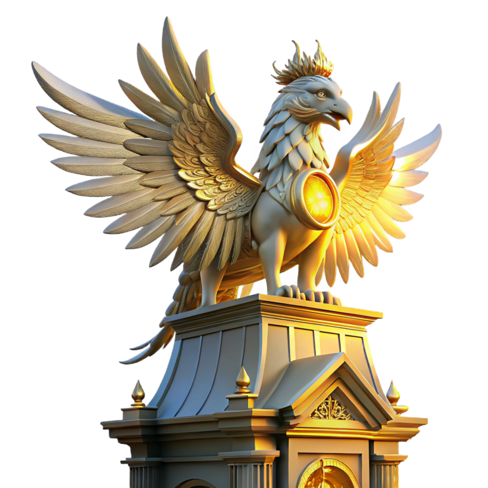 sumptuous distinguished A majestic griffin perched atop a crumbling clock tower, feathers shimmering in the golden light of a setting sun, Art Nouveau style png
