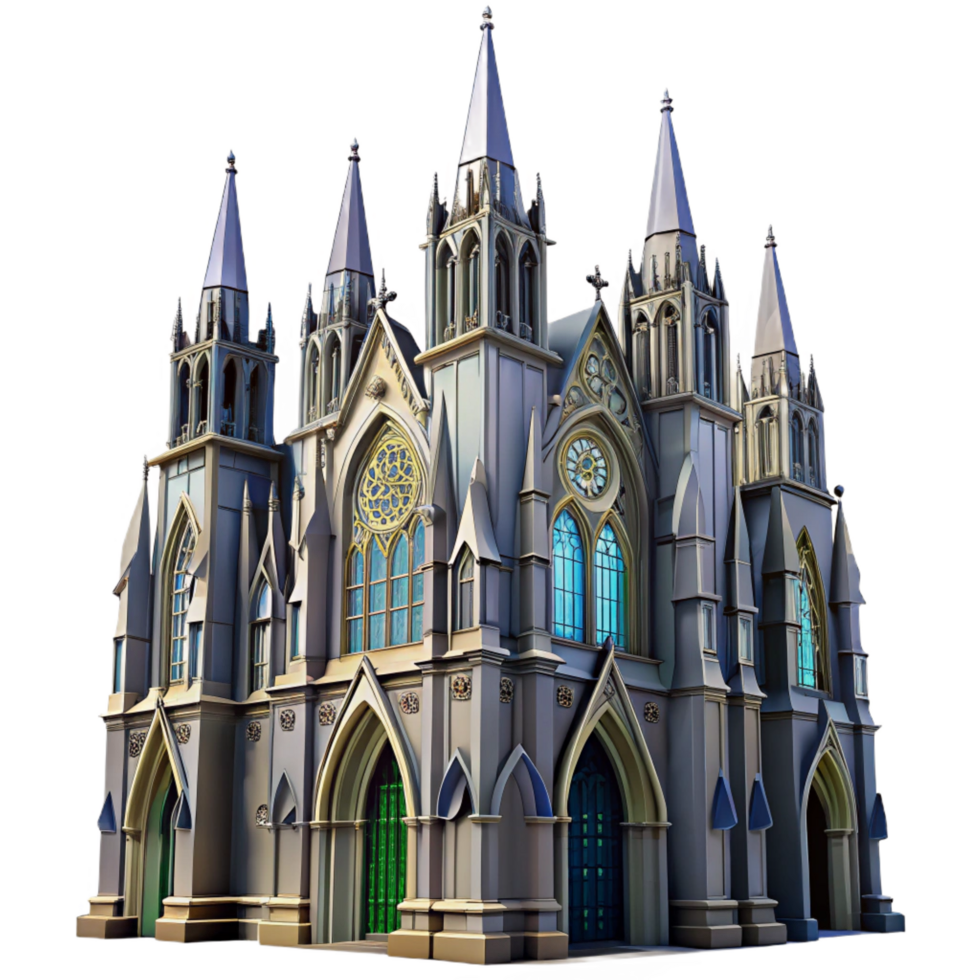 impressive energetic geometric A towering, gothic cathedral, intricate carvings and stained glass windows, dramatic and awe inspiring style high resolution png