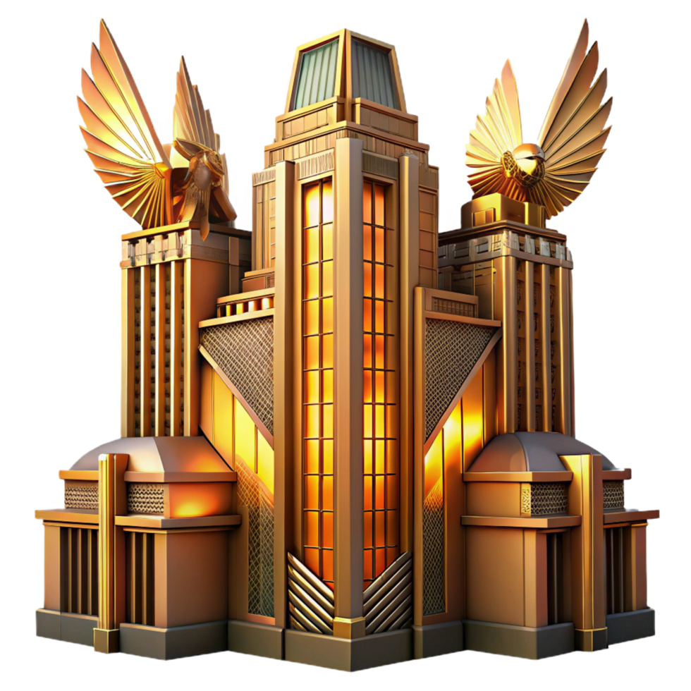 notable classic Art Deco skyscraper bathed in golden sunset light, intricate geometric facade details, chrome accents, stylized eagle gargoyles premium png