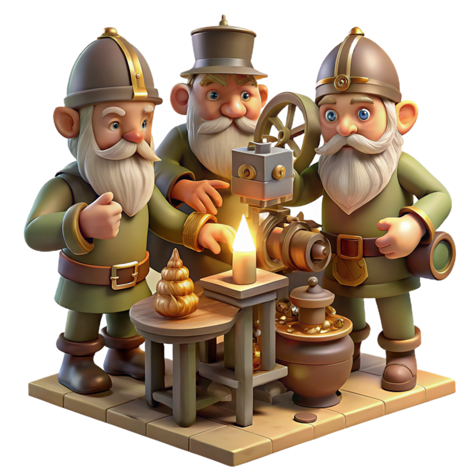gorgeous harmonious urban A group of gnomes crafting intricate clockwork devices in a dimly lit workshop, warm candlelight, detailed and steampunk style premium png